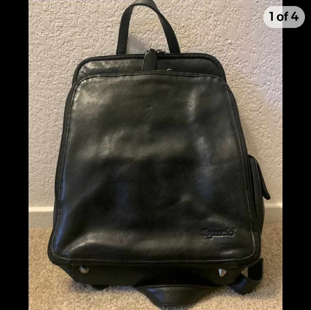 Vtg 90s TIGNANELLO Black unisex Leather CITY BACKPACK BAG
